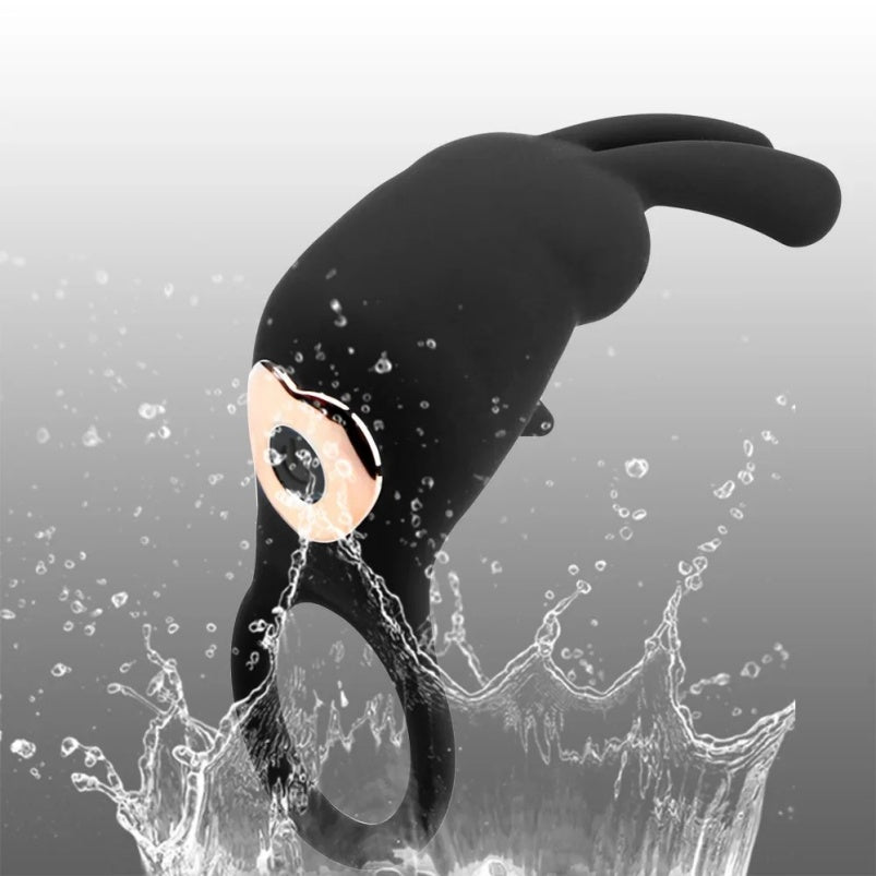 Anel vibratório em forma de coelho com estimulador clitoriano – Potência para ele, êxtase para ela.