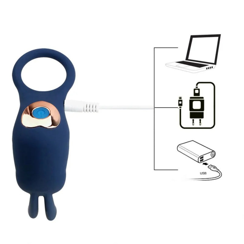 Anel vibratório em forma de coelho com estimulador clitoriano – Potência para ele, êxtase para ela.