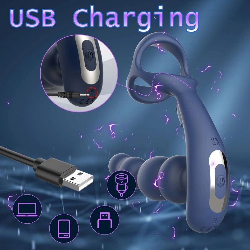 Anel peniano vibratório com contas anais e rotação de 360° - Estimulador de próstata 4 em 1 com controle remoto