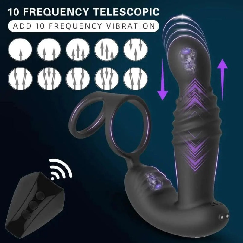 Anel vibratório masculino com estimulador de próstata telescópico - Brinquedo 2 em 1 para um orgasmo prostático intenso