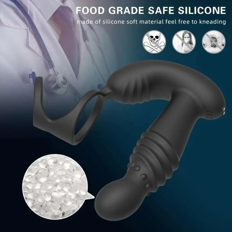 Anel vibratório masculino com estimulador de próstata telescópico - Brinquedo 2 em 1 para um orgasmo prostático intenso