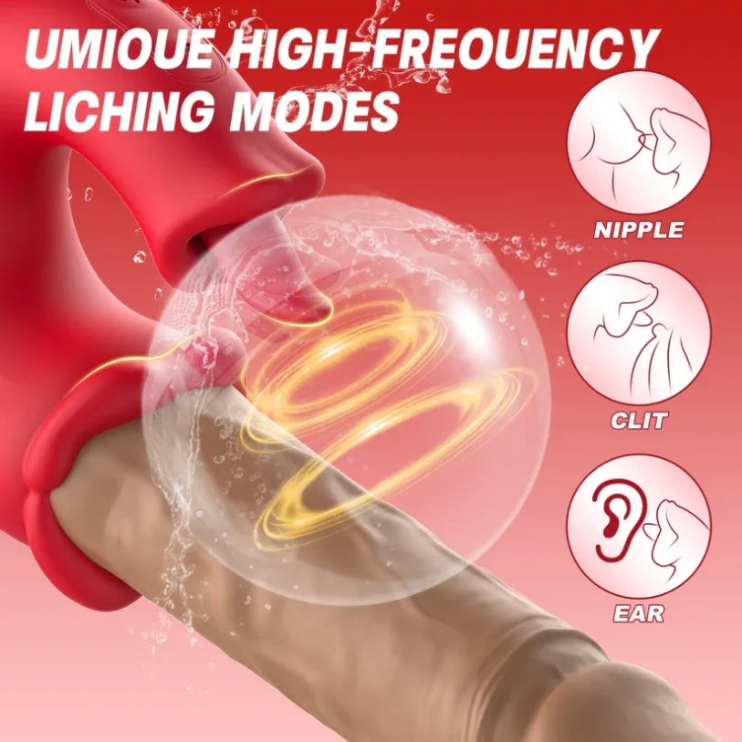 Dildo Fantasía de Vibración y Empuje con Lengua Estimulante para el Clítoris – Diseño Realista en Forma de Pene con Estímulo de Lengua Lamiendo