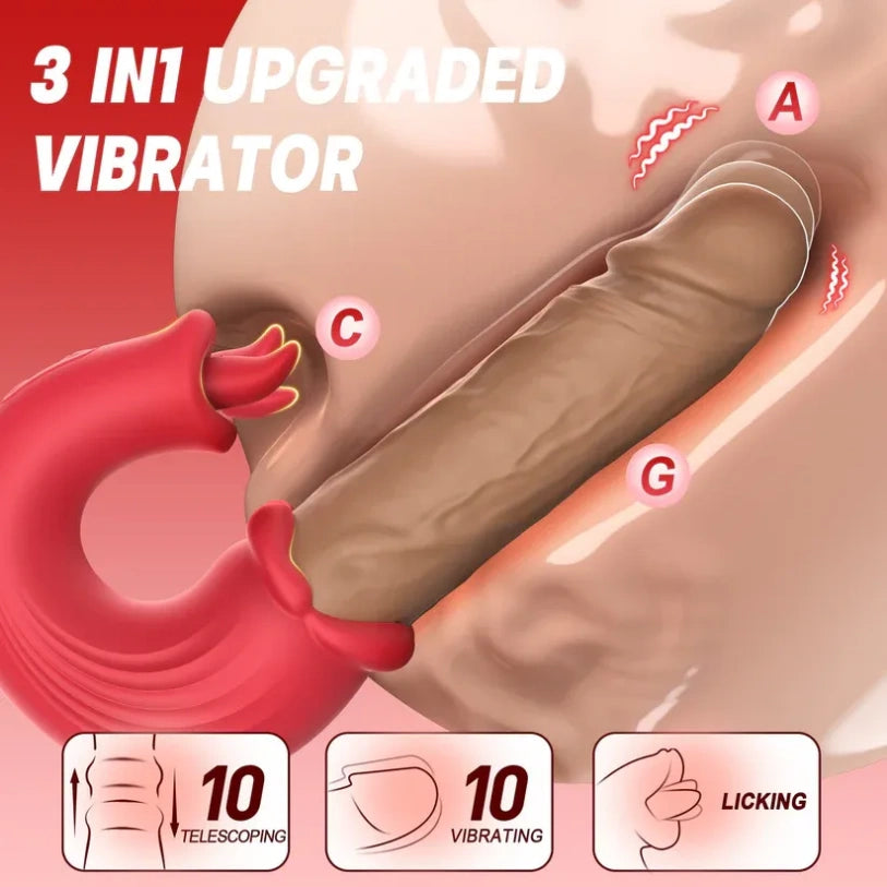 Dildo Fantasía de Vibración y Empuje con Lengua Estimulante para el Clítoris – Diseño Realista en Forma de Pene con Estímulo de Lengua Lamiendo