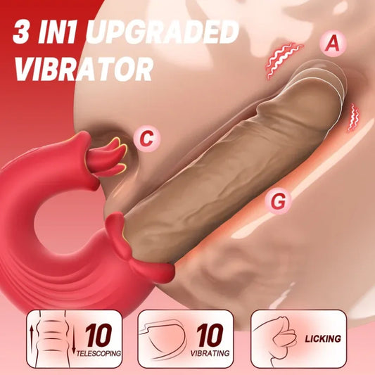 Dildo Fantasía de Vibración y Empuje con Lengua Estimulante para el Clítoris – Diseño Realista en Forma de Pene con Estímulo de Lengua Lamiendo