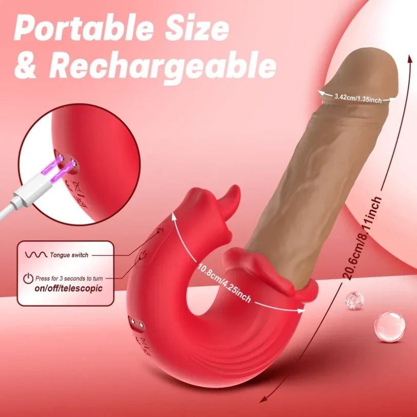 Dildo Fantasía de Vibración y Empuje con Lengua Estimulante para el Clítoris – Diseño Realista en Forma de Pene con Estímulo de Lengua Lamiendo