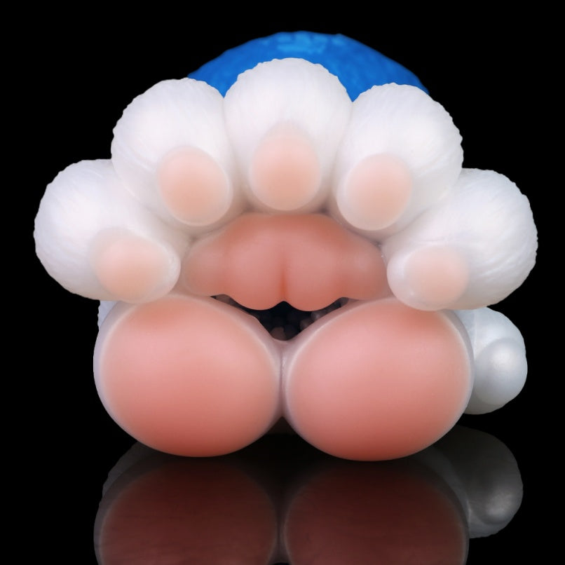 Boneca sexual de silicone azul e branca para fantasia – Masturbador masculino com formato e textura de mão de animal.