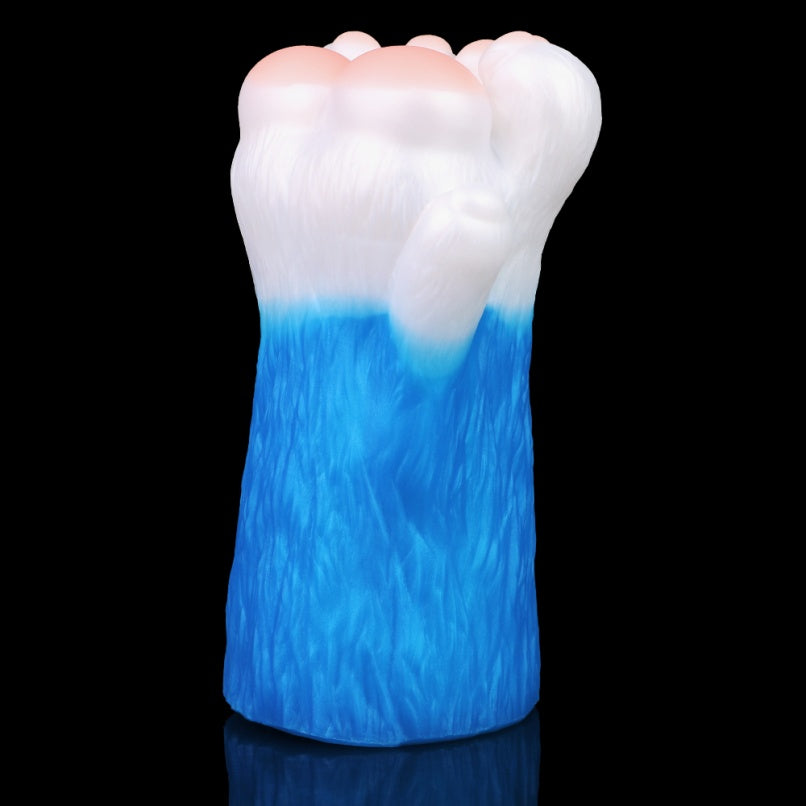 Boneca sexual de silicone azul e branca para fantasia – Masturbador masculino com formato e textura de mão de animal.