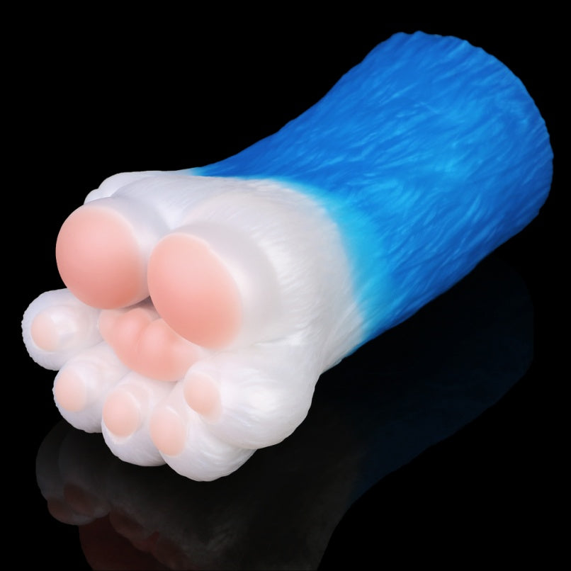 Boneca sexual de silicone azul e branca para fantasia – Masturbador masculino com formato e textura de mão de animal.