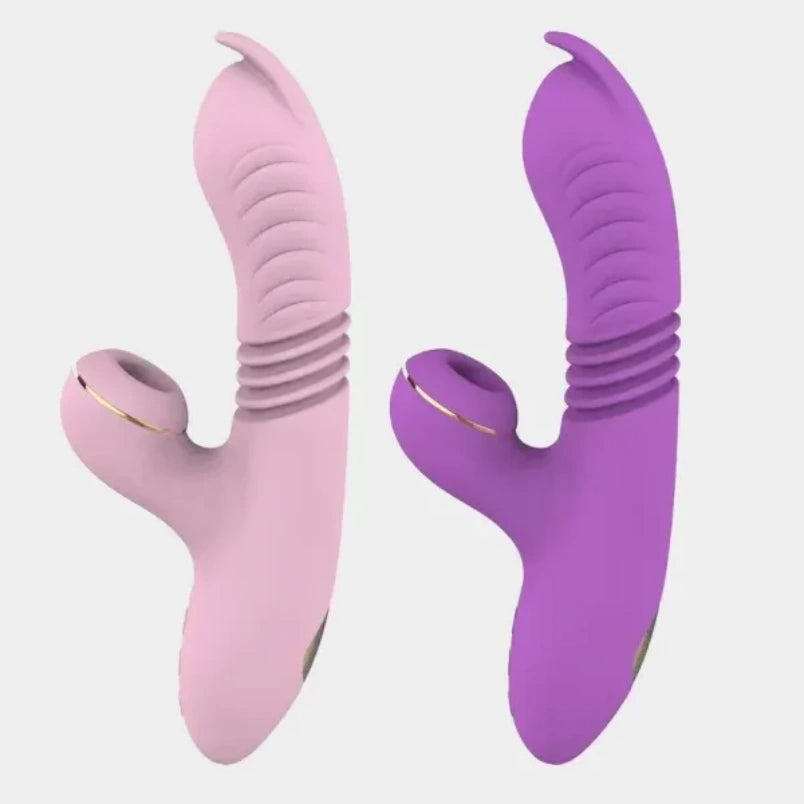 Vibrador de silicone 2 em 1 com estimulação do ponto G e sucção clitoriana para orgasmo feminino.