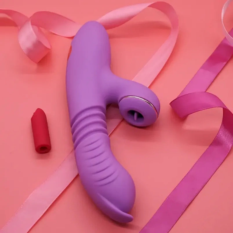 Vibrador de silicone 2 em 1 com estimulação do ponto G e sucção clitoriana para orgasmo feminino.