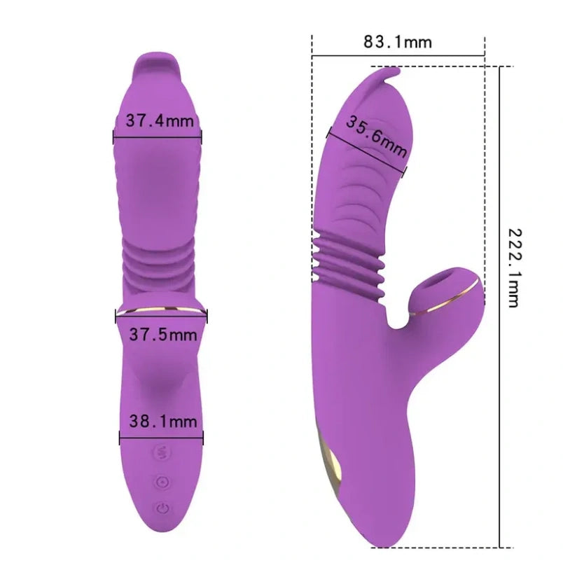 Vibrador de silicone 2 em 1 com estimulação do ponto G e sucção clitoriana para orgasmo feminino.