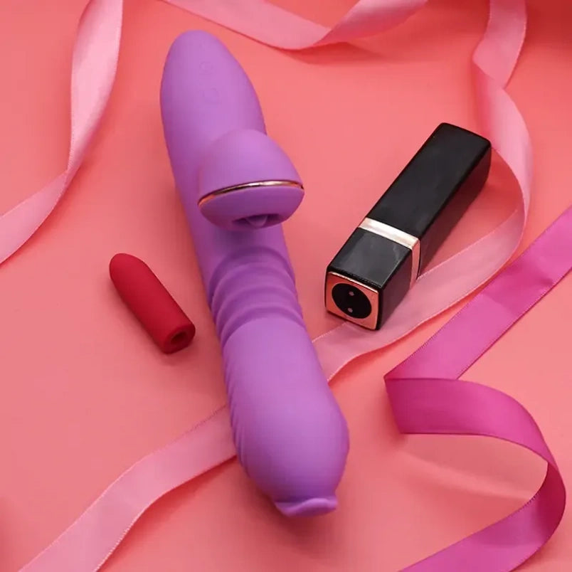 Vibrador de silicone 2 em 1 com estimulação do ponto G e sucção clitoriana para orgasmo feminino.