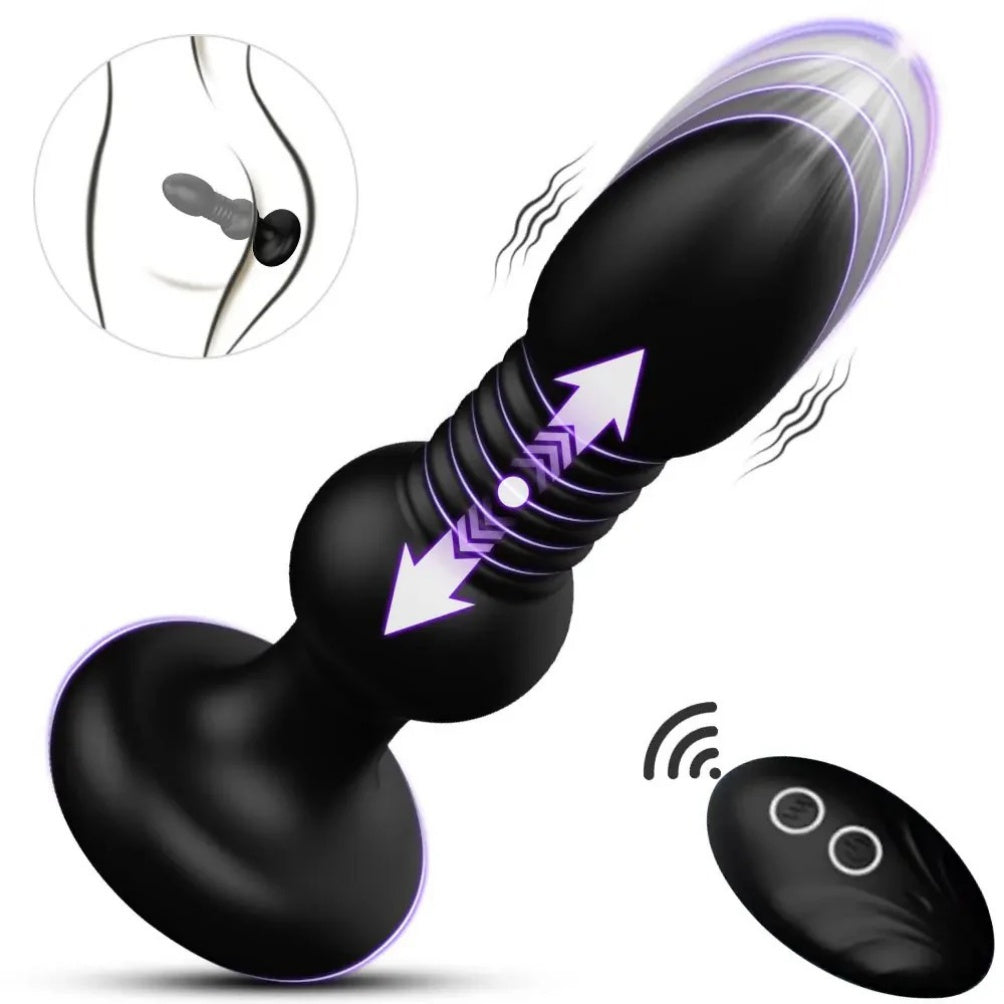 Plug anal telescópico 2 em 1 com controle remoto - Estimulador do ponto G masculino e vibrador anal