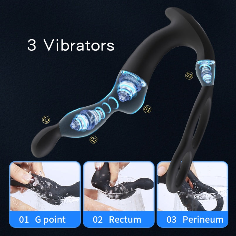 Vibrating Ring and Prostate Stimulator with Anal Beads – 3-in-1 Male Sex Toy with Double Ring